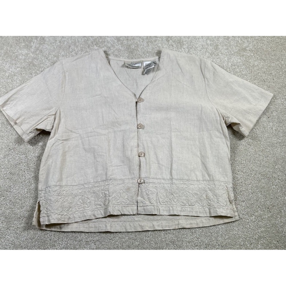 Vintage Kathie Lee Collection M Linen Blend Floral Embroidery Blouse Button Up